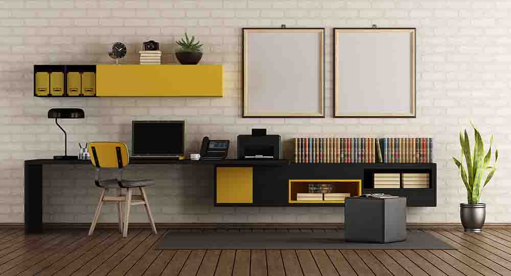 Modern home office with black and yellow furniture